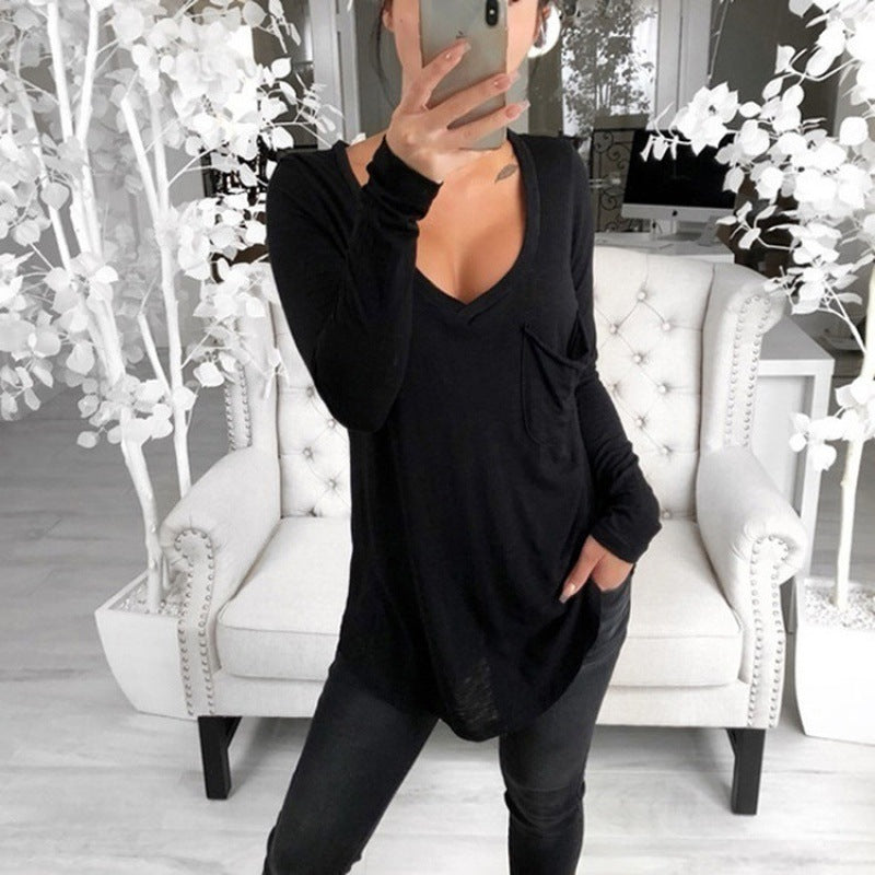 Damen Lässige Oversize Tunika mit V‑Ausschnitt, Brusttasche und verlängertem Saum EB