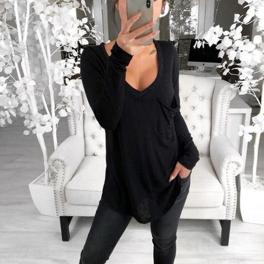 Damen Lässige Oversize Tunika mit V‑Ausschnitt, Brusttasche und verlängertem Saum EB