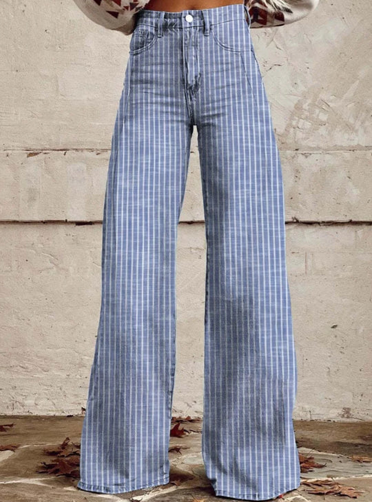 Damen nan weite Hose mit hohem Bund in Leinenoptik und vertikalen Nadelstreifen Schlaghose EB