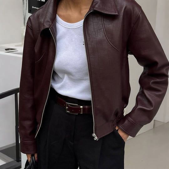 Damen nan kurze Oversize-Lederjacke mit Hemdkragen, sichtbarem Reißverschluss und lässiger Silhouette EB