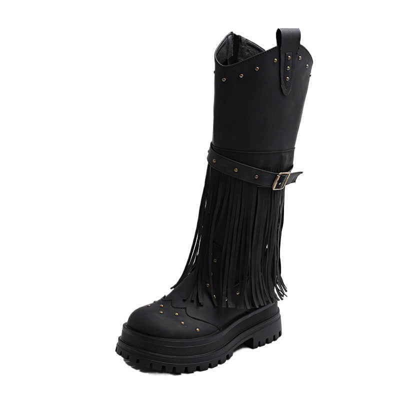 Damen Overknee-Stiefel mit modischem Fransen-Design und robustem Profil EB