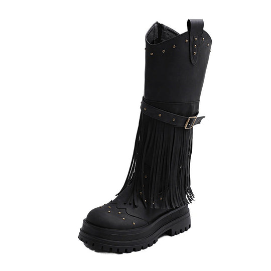 Damen Overknee-Stiefel mit modischem Fransen-Design und robustem Profil EB