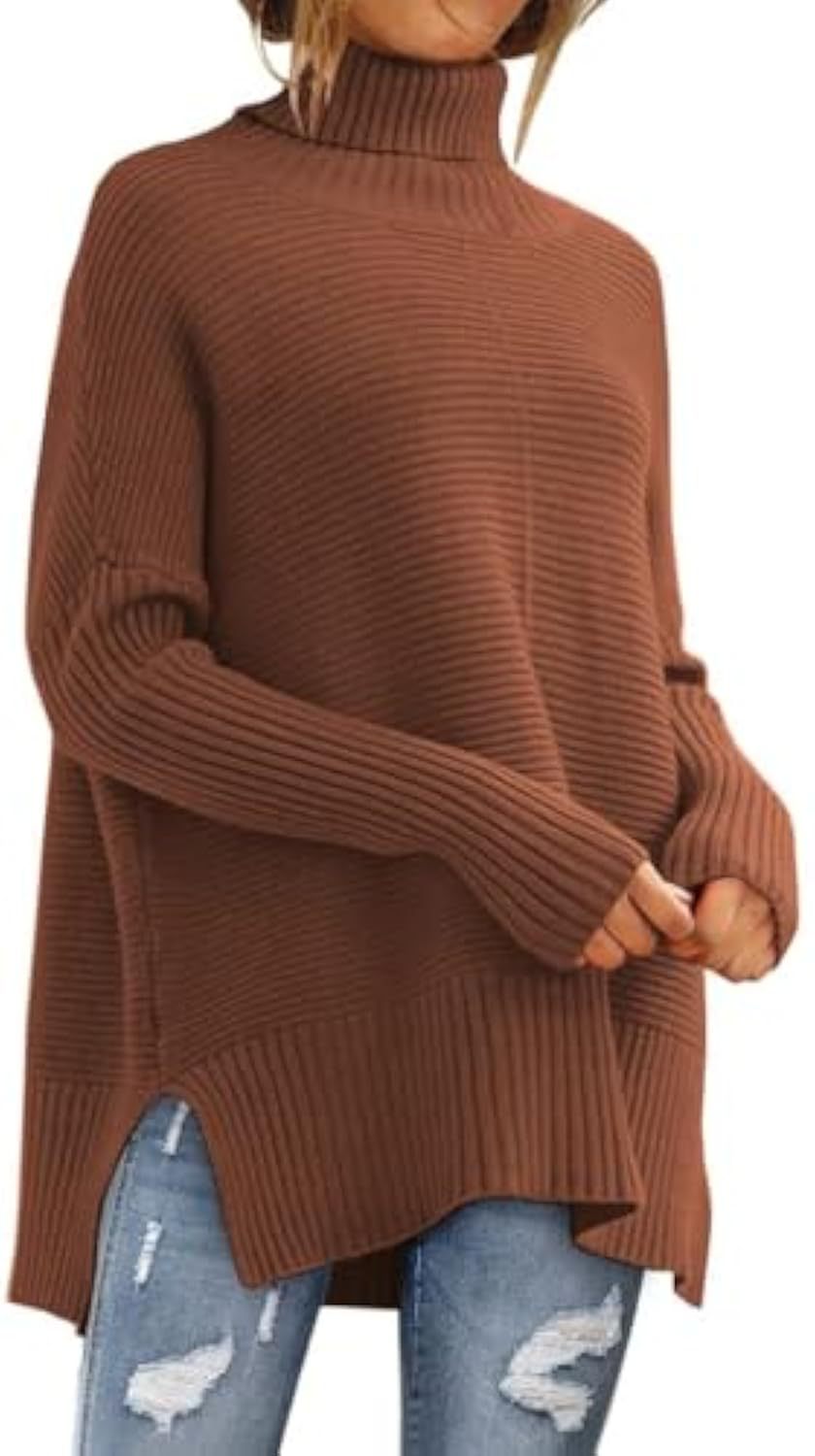 Damen Oversize-Rippenstrick Rollkragenpullover mit Seitenschlitzen und verlängertem Saum EB