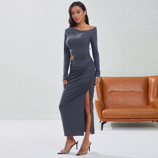Damen eng anliegendes Maxikleid mit langem Arm seitlichem Cut-Out geraffter Hüfte und hohem Beinschlitz Eichborn Berlin