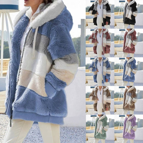 Damen nan Oversize Teddyfell-Kapuzenjacke mit Farbblock-Streifen, hochwertigem Reißverschluss und gerippten Bündchen EB