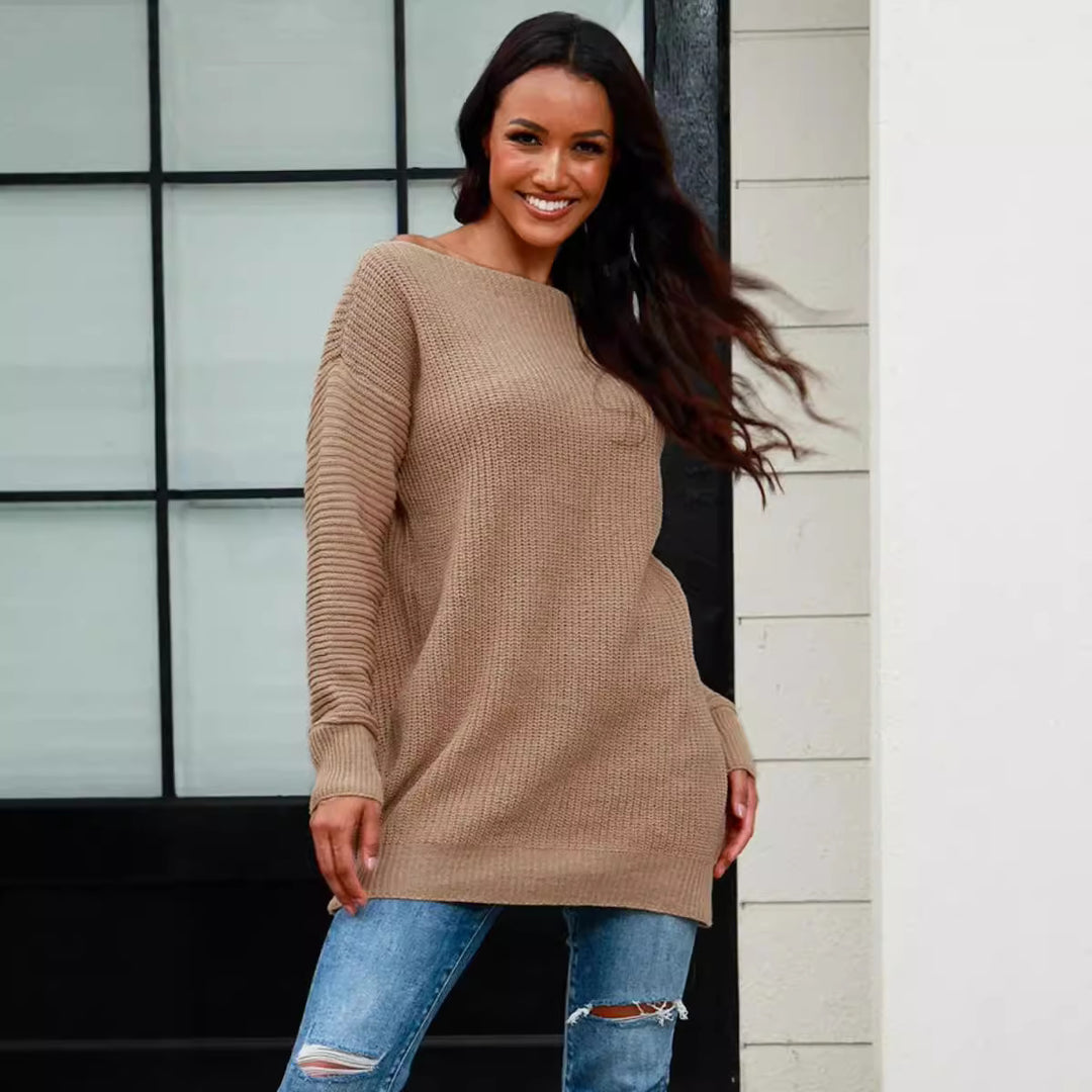 Damen lässiger Strickpullover mit weitem Ausschnitt und Rippstruktur EB