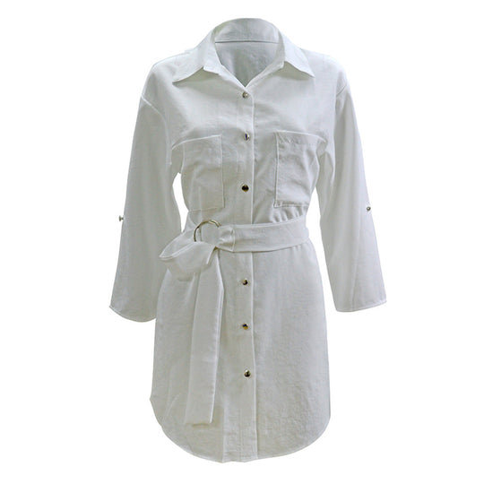 Damen Hemdkleid mit modischem Gürtel und eleganter Knopfleiste EB