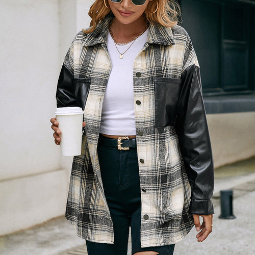 Damen Overshirt mit Kunstleder-Ärmeln und Karomuster EB