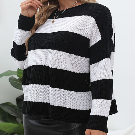 Damen gestreifter Strickpullover mit weitem Schnitt und modischem Design EB