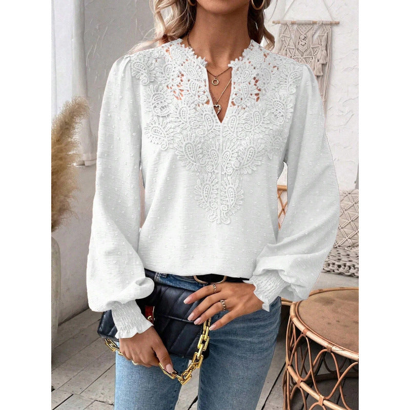 Damen Bluse mit gesticktem V-Ausschnitt und langen Ärmeln EB