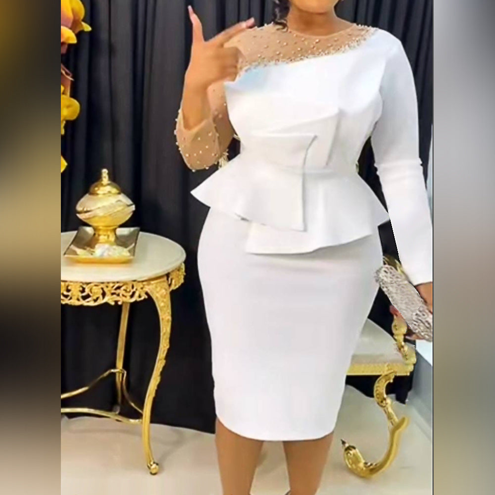 Damen Etuikleid mit transparenten Puffärmeln und dekorativem Peplum EB