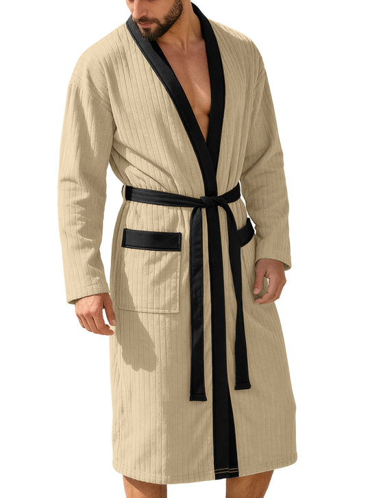 Herren nan wadenlanger Rippen-Bademantel im Kimono-Stil mit Schalkragen und Kontrastpaspel EB