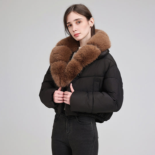 Damen nan cropped Isolationsjacke mit voluminösem Kunstpelz-Schalkragen und elastischem Saum EB