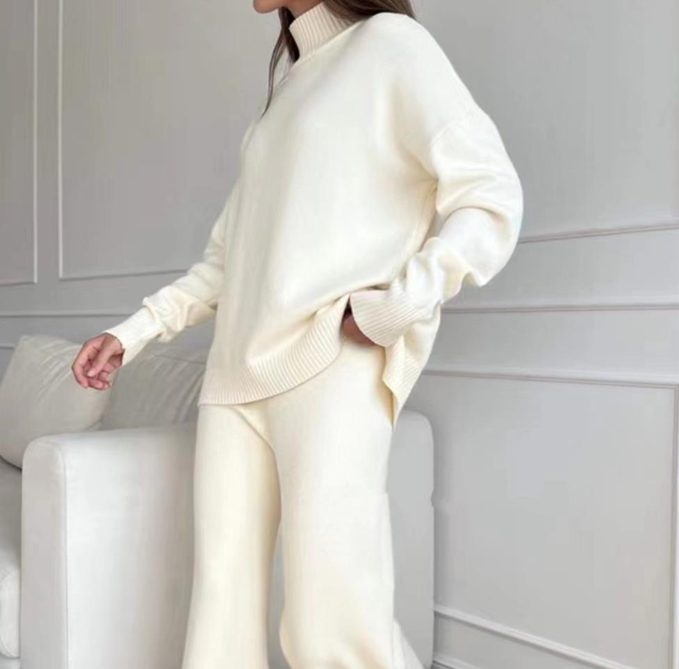 Damen Lässiges Strickset mit hohem Kragen und weitem Bein EB