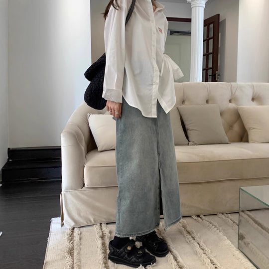 Damen Maxirock aus Denim mit seitlichem Schlitz und lässigem Schnitt EB