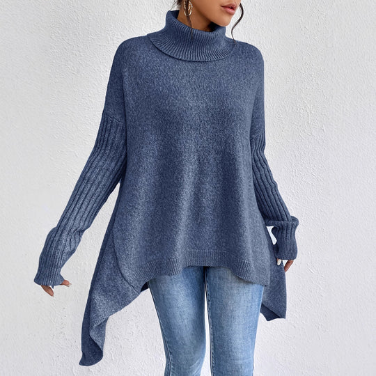 Damen nan Oversize Strickpullover mit hohem Rollkragen, gerippten Ärmeln und asymmetrischem Saum EB