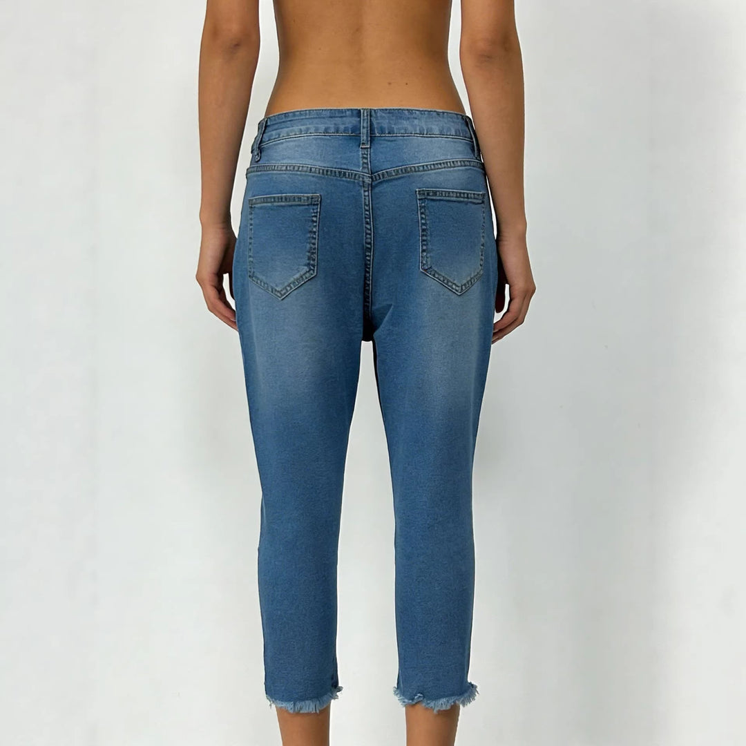 Damen nan schmale knöchellange Jeans mit rohem Fransenabschluss und mittelhoher Taille EB