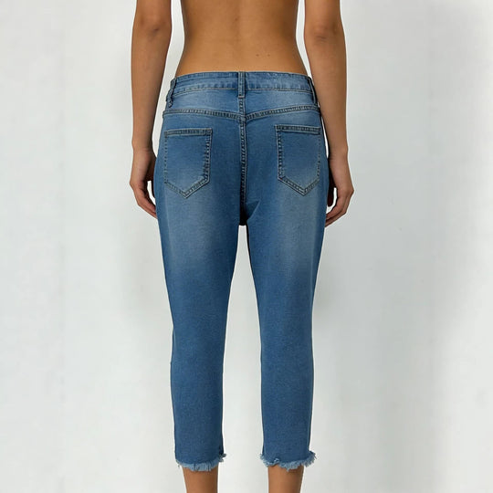 Damen nan schmale knöchellange Jeans mit rohem Fransenabschluss und mittelhoher Taille EB