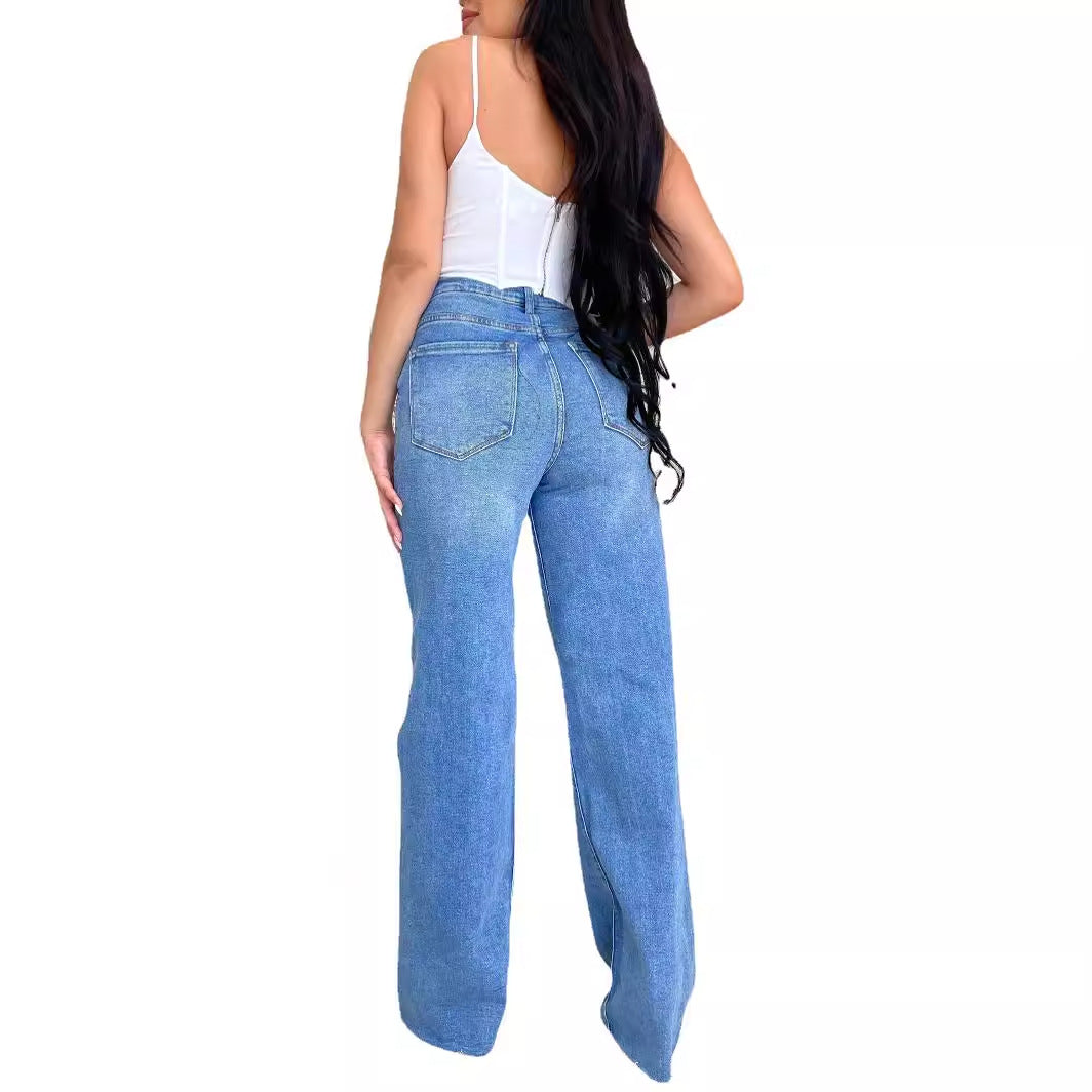 Damen Weit geschnittene Jeans mit distressed Details und hohem Bund EB