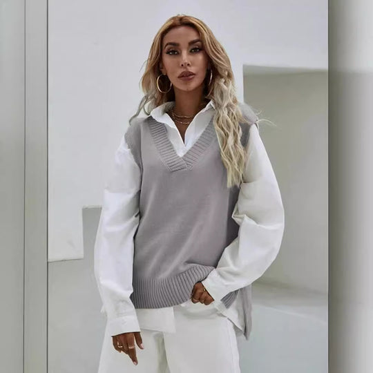 Damen Strickweste mit V-Ausschnitt und breitem Rippdesign EB
