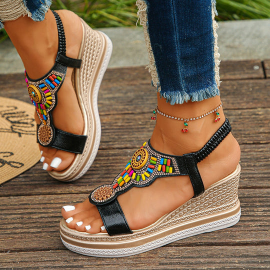 Damen Wedge-Sandalen mit buntem Dekor und rutschfester Sohle EB