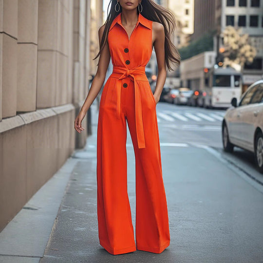 Damen Eleganter Jumpsuit mit schickem Kragen und Taillengürtel EB