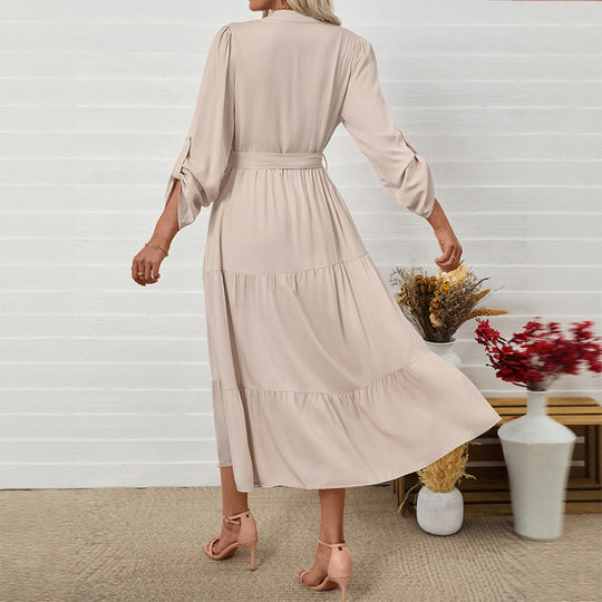 Damen Midikleid mit elegantem V-Ausschnitt und Taillengürtel EB