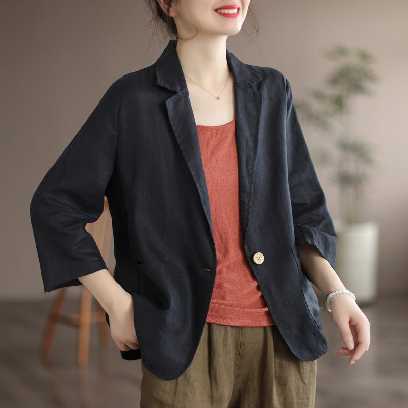 Damen Lässiger Leinenblazer mit breiten Ärmeln und Knopfverschluss EB