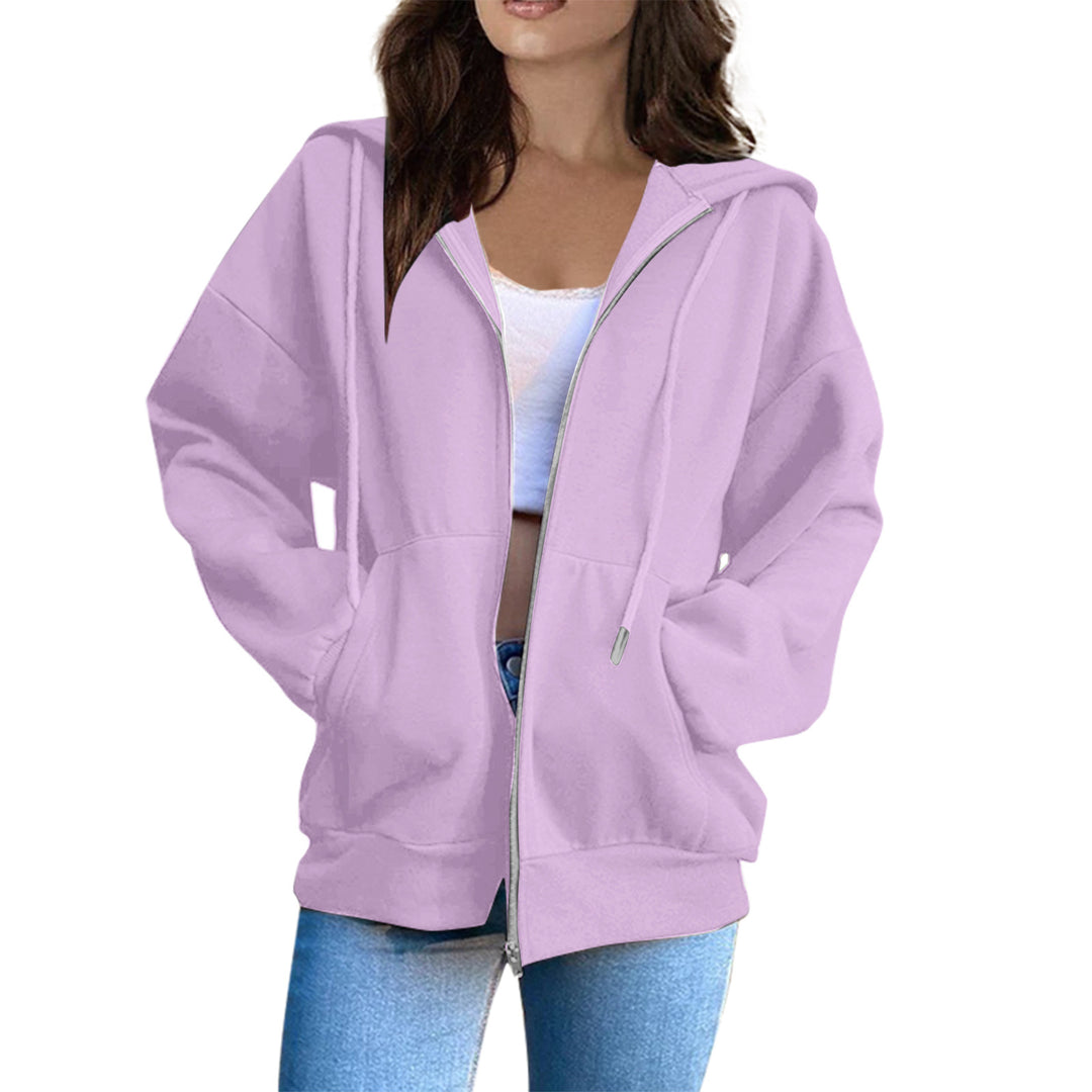 Damen nan lässige Kapuzenjacke mit durchgehendem Reißverschluss, Kängurutaschen und voluminösen Raglanärmeln EB
