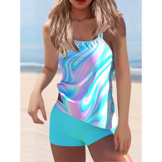 Damen Tankini-Set mit modischem Wasserfarben-Muster und integrierten Shorts EB