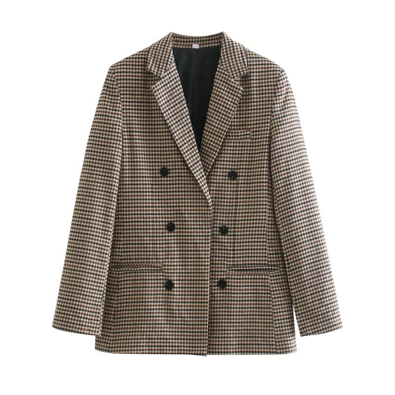 Damen kariertes Blazerjacke mit doppelter Knopfreihe und idealem Schnitt EB