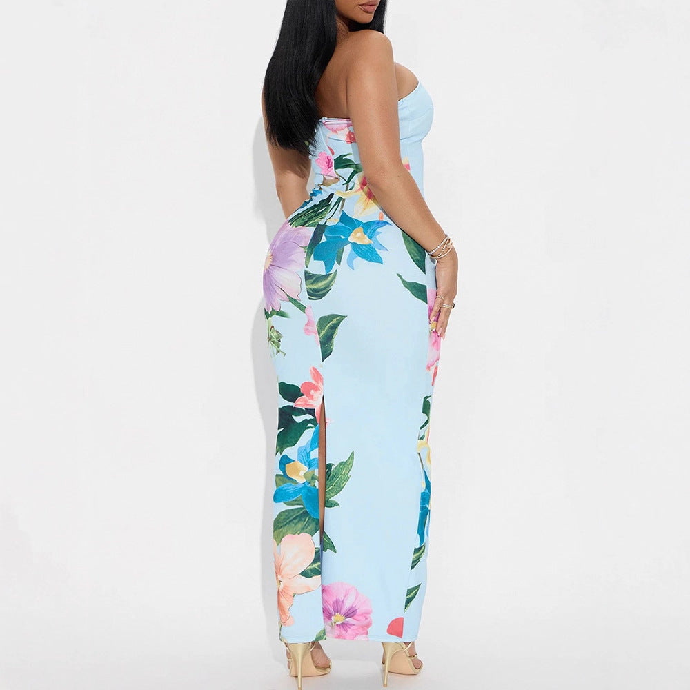 Damen Maxikleid im eleganten Bandeau-Stil mit floralem Druck EB