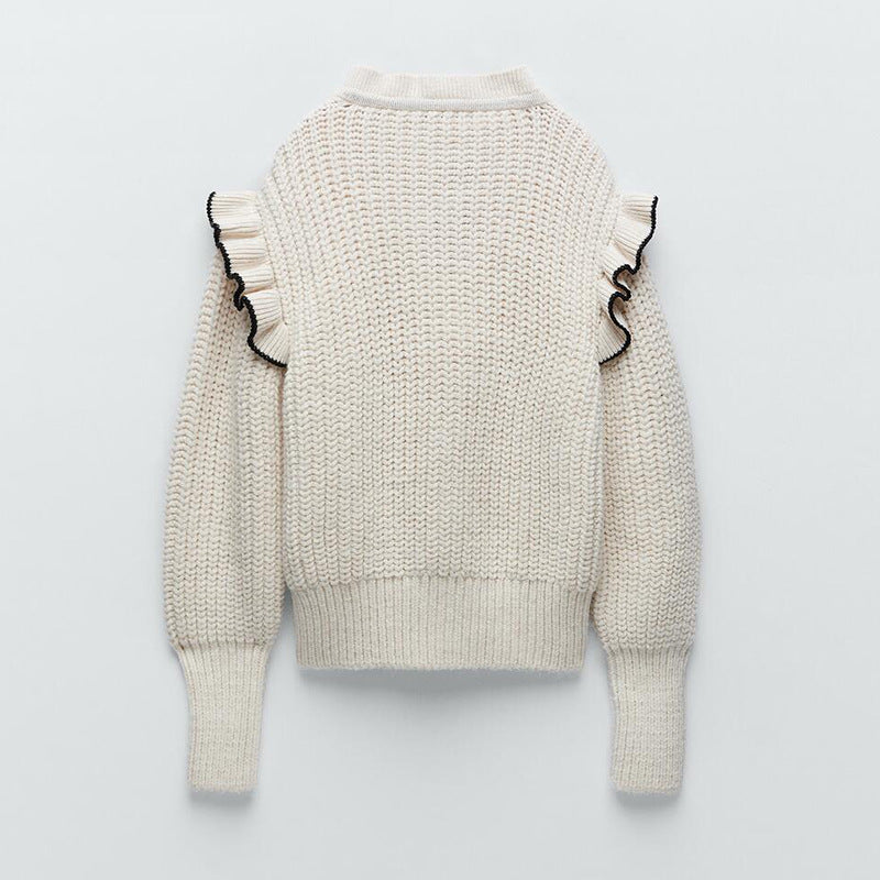 Damen Strickpullover mit eleganter Rüsche und Kapuze EB