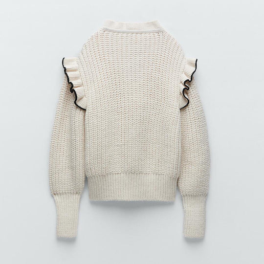 Damen Strickpullover mit eleganter Rüsche und Kapuze EB