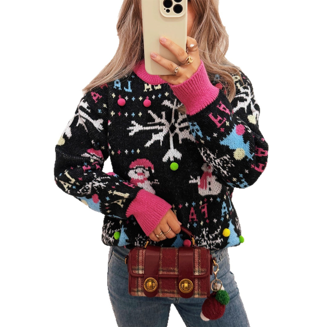 Damen festlicher Pullover mit farbenfrohen Weihnachtsmotiven und verspielten Details EB