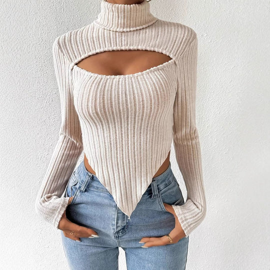 Damen geripptes Rollkragen-Top mit Cut-Out, spitz zulaufendem Zipfel-Saum und figurbetonter Stretch-Passform Eichborn Berlin
