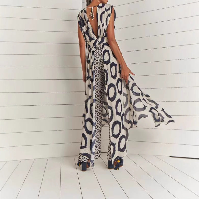 Damen Eleganter Jumpsuit mit Wickelgürtel und geometrischem Muster EB