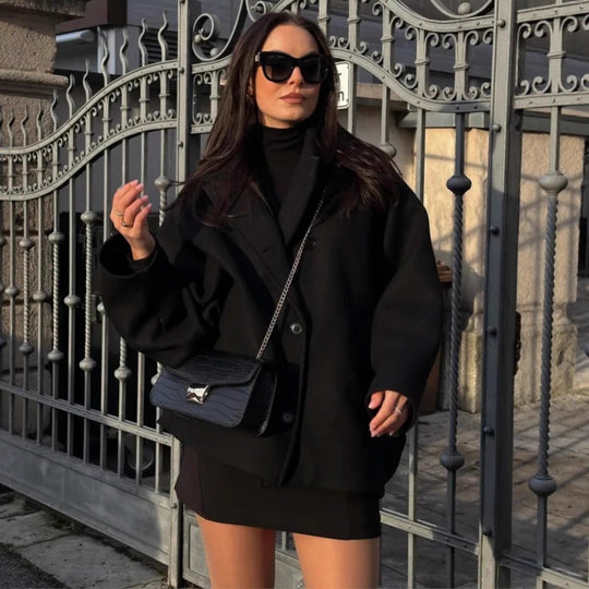 Damen nan kurzer übergroßer Wollmantel mit großem Reverskragen und Eingrifftaschen EB