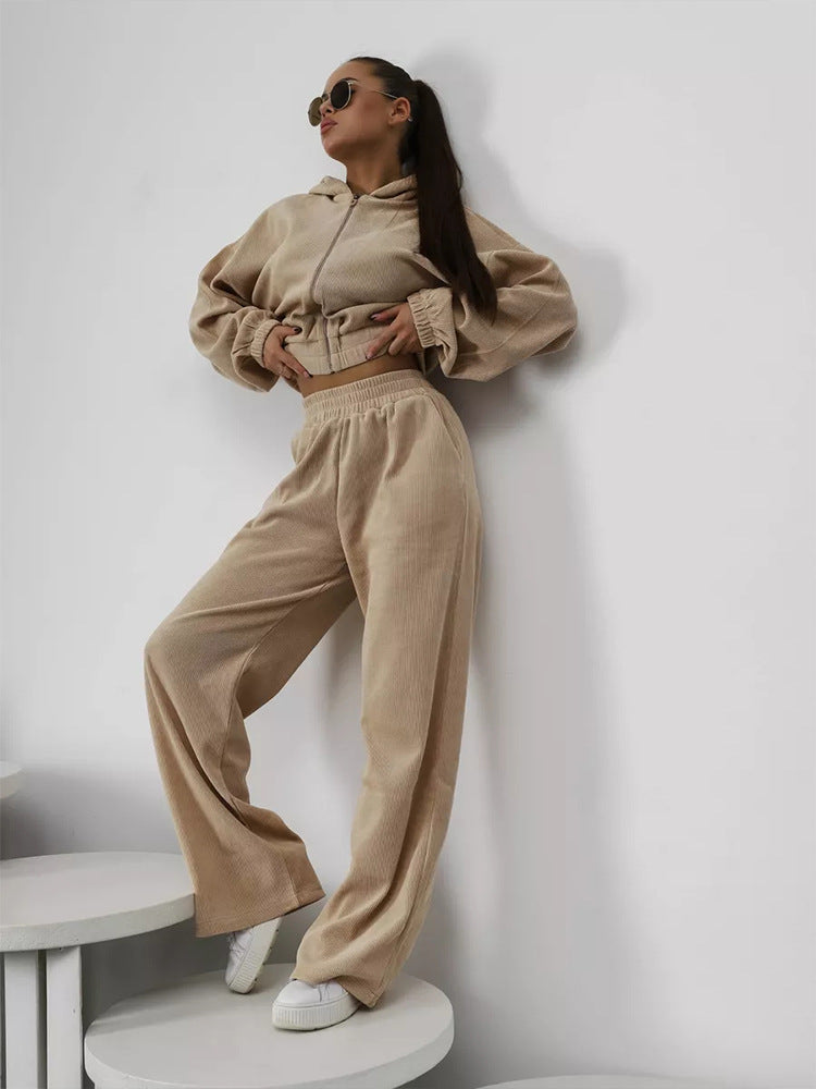 Damen Velours-Loungewear-Set mit kurzem Reißverschluss-Hoodie und weiter hochgeschnittener Palazzohose EB