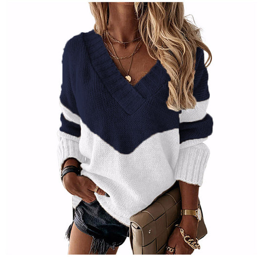 Damen nan V-Ausschnitt Strickpullover mit Chevron-Muster und Oversize-Schnitt EB