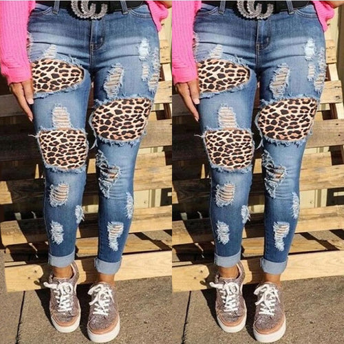 Damen Destroyed Jeans mit wilden Tiermustern EB