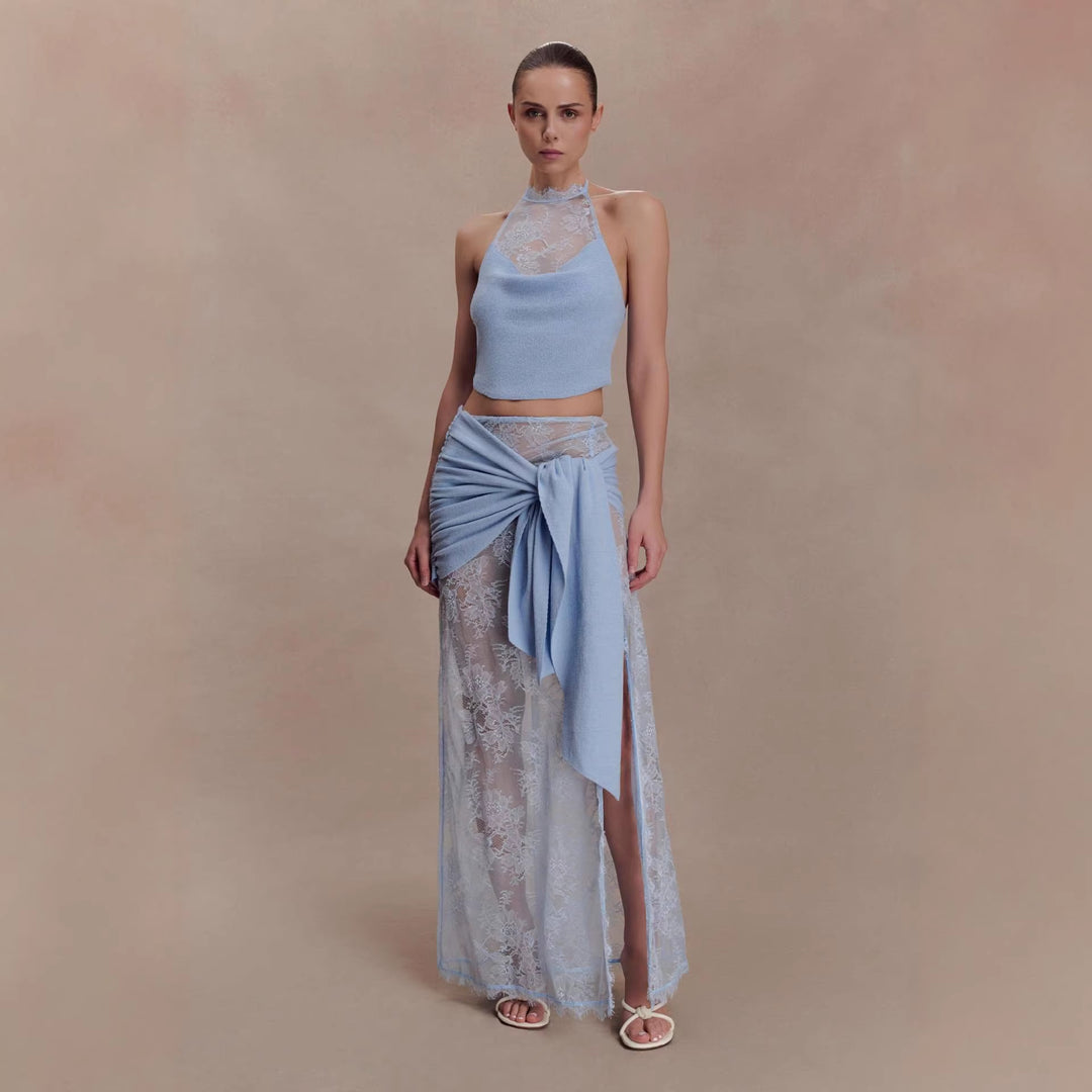 Damen Elegantes Spitzen-Top und Maxi-Rock Set EB