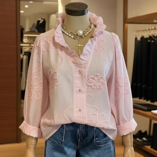 Damen elegante Bluse mit floralen Stickereien und voluminösen Ärmeln EB