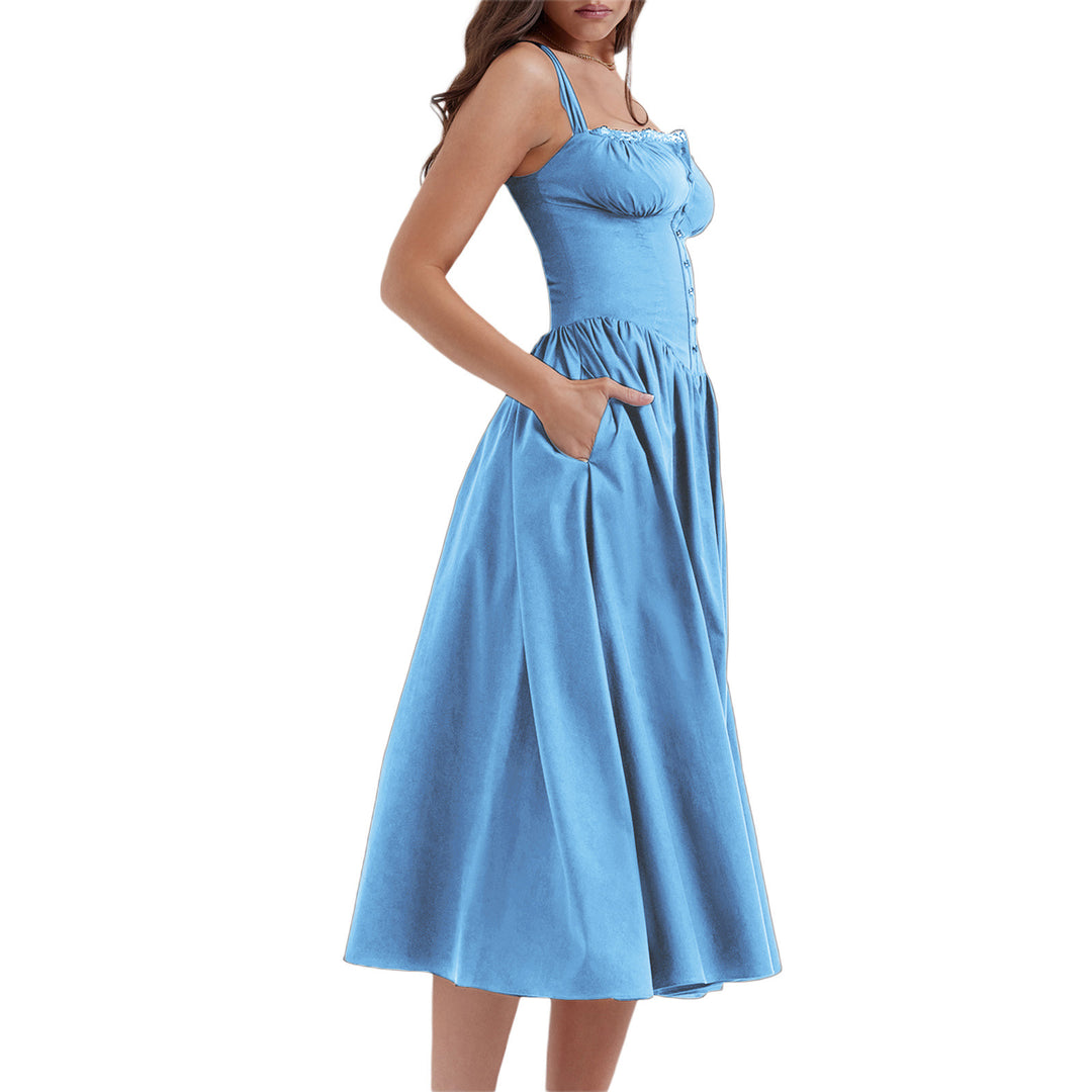 Damen Maxi-Kleid mit knöpfbarem Oberteil und schwingendem Rock EB