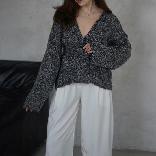 Damen nan oversize Bouclé-Strickjacke mit Taillengürtel und Kimonoärmeln EB