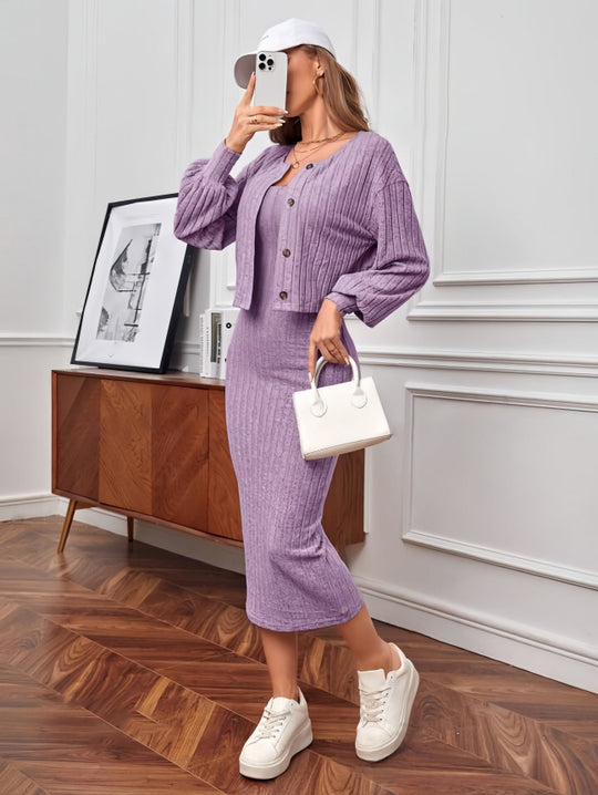 Damen Strick-Outfit mit Knopfleiste und Bündchen EB
