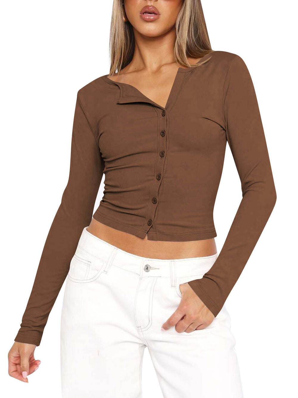Damen figurbetontes Langarmshirt mit Knopfleiste und V-Ausschnitt EB
