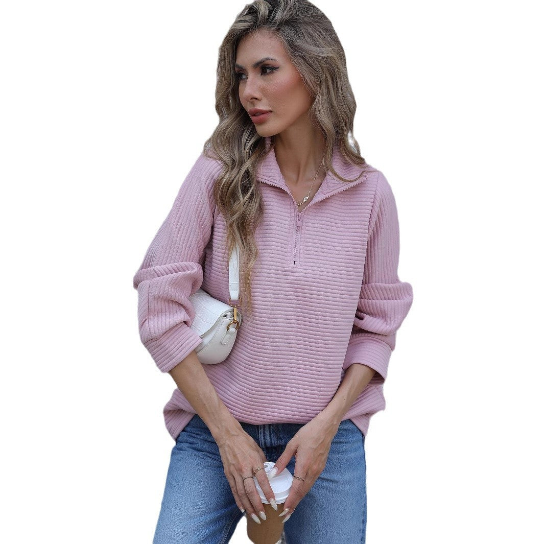 Damen lässiger Pullover mit halbem Reißverschluss und Rippstruktur EB