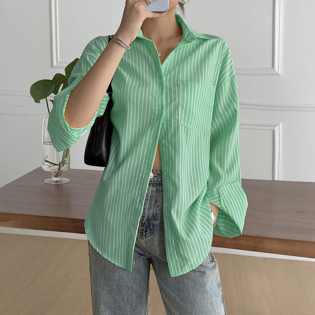 Damen nan oversized Hemdbluse mit kastigem Schnitt, Brusttasche und abgerundetem Saum EB