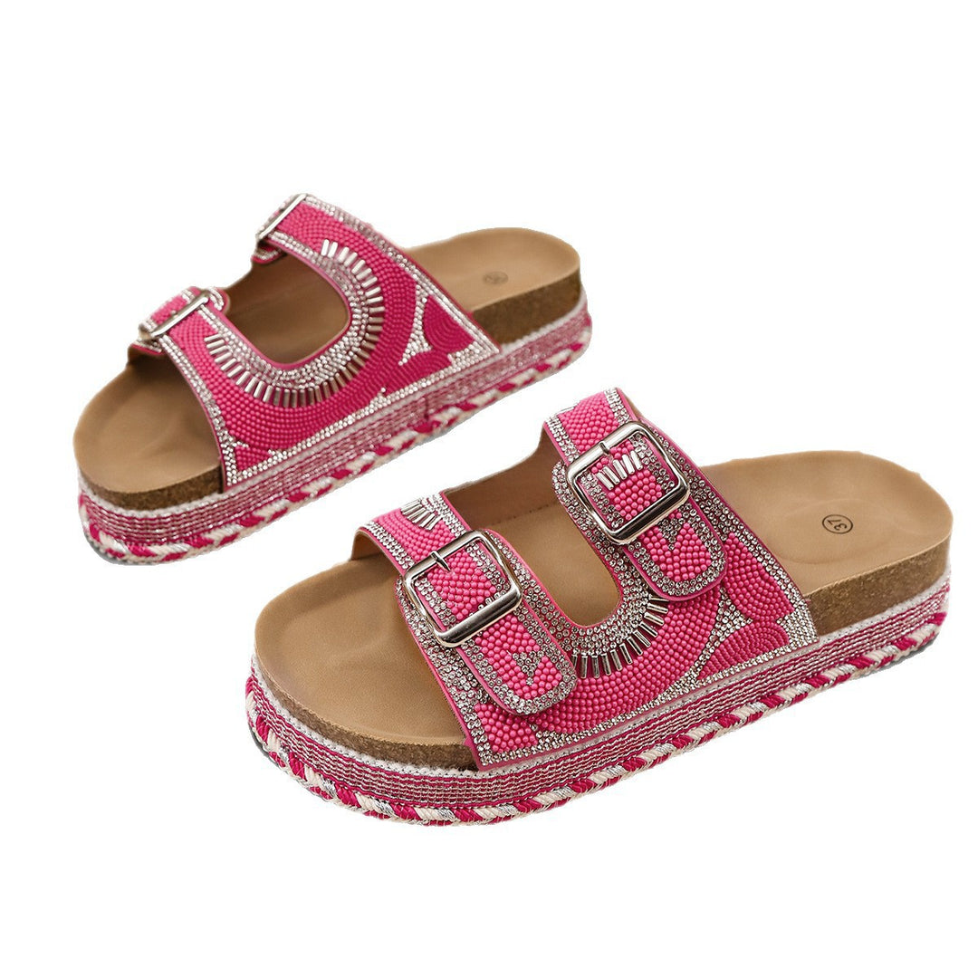 Damen Plattform-Sandalen mit dekorativen Schnallen und coolem Bastdesign EB